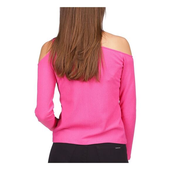 MICHAEL KORS Womens Pink Textured Long Sleeve Asymmetrical Neckline Top XL - Picture 2 of 4